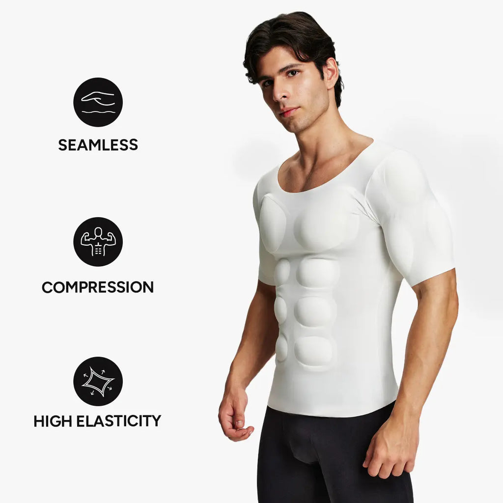 Men's Seamless Muscle-Enhancing Compression T-Shirt with Removable Muscle Pads for Everyday Wear, Cosplay & Special Occasions
