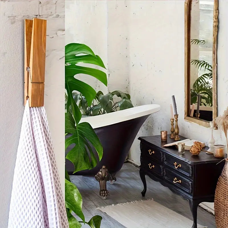 Vintage Wooden Wall-Mounted Towel Rack with Industrial Clip Clamp, Farmhouse Bathroom Storage Decor & Home Gift