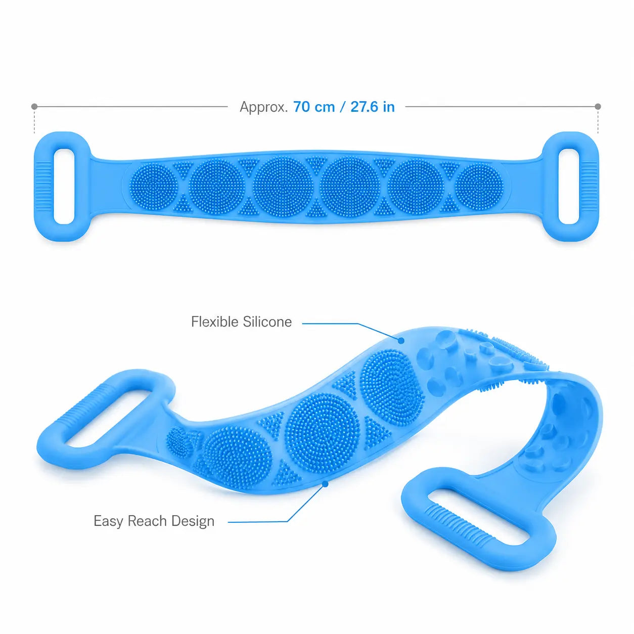 Double-Sided Silicone Bath Brush with Mesh Sponge, Long Back Scrubber Strap with Soft Bristles & Handles for Full-Body Cleansing