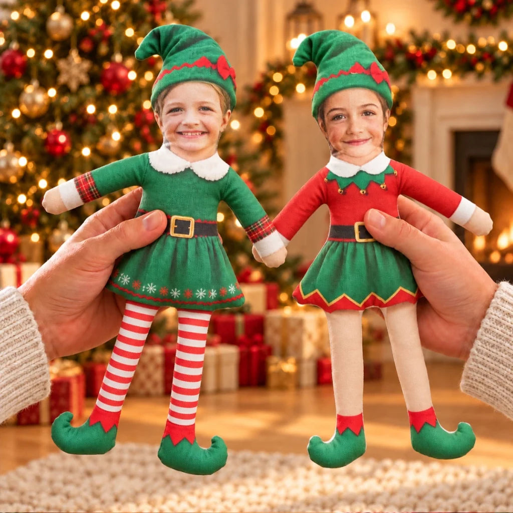 Personalized Photo Squishy Plush Doll, Playful Elf Poses in a Cozy Christmas Room, Unique Gift for Family - 5