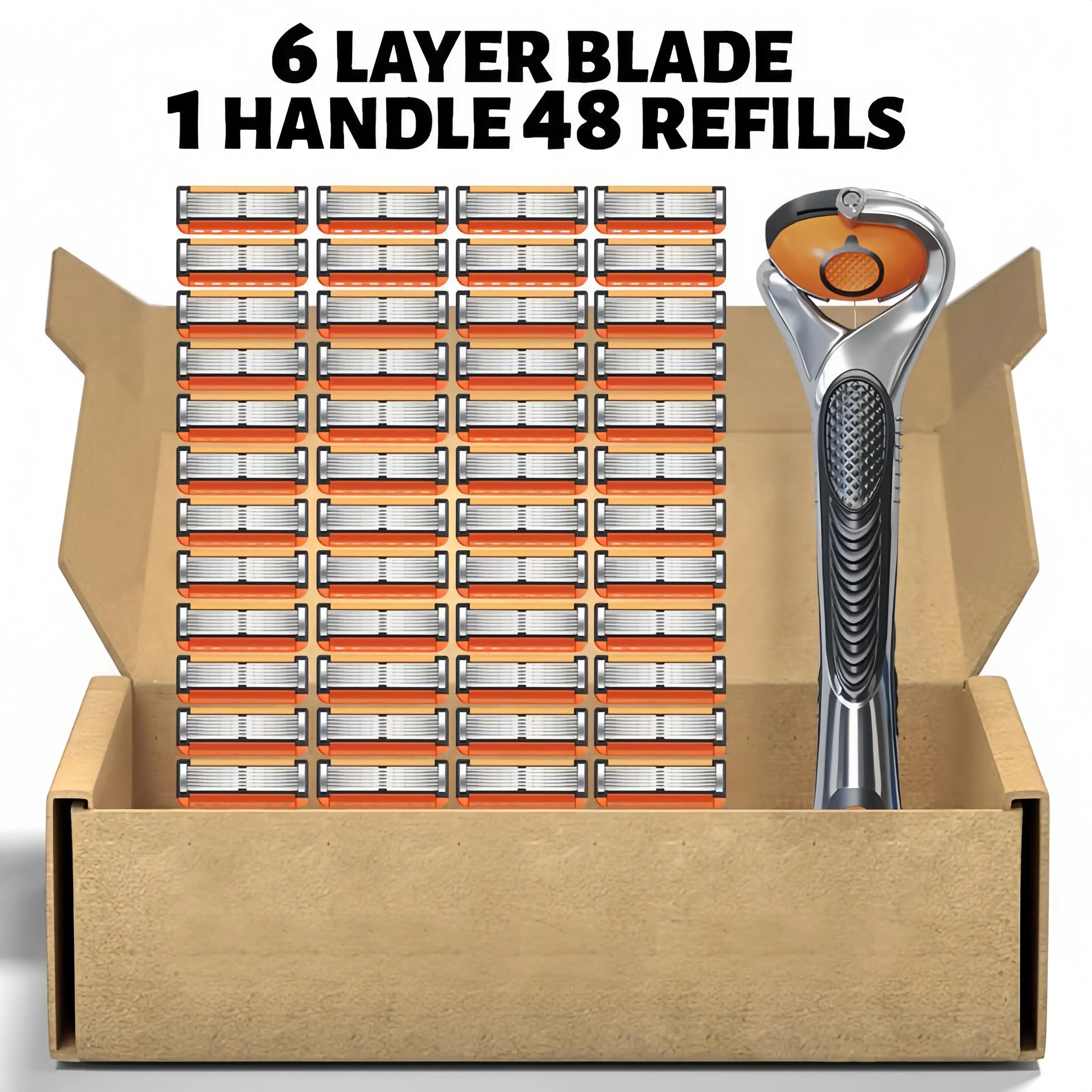 Ultra-Sharp 6-Blade Men's Razor Kit 24/48 Refill Cartridges Plus Free Handle for a Smooth Shave