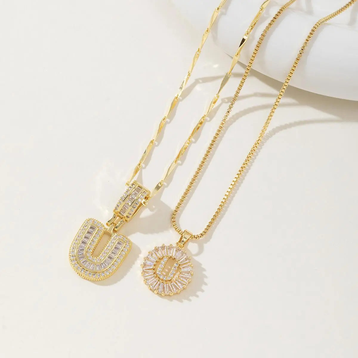 Women’s Gold-Plated Zircon Initial Pendant Layered Necklace Set
