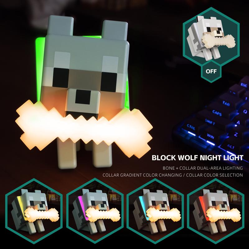 DIYCOM Pixel Wolf LED Night Light Game Style Wolf Lamp with Glowing Bone and RGB Collar Stylish Room Decor Christmas and New Year Gift Idea