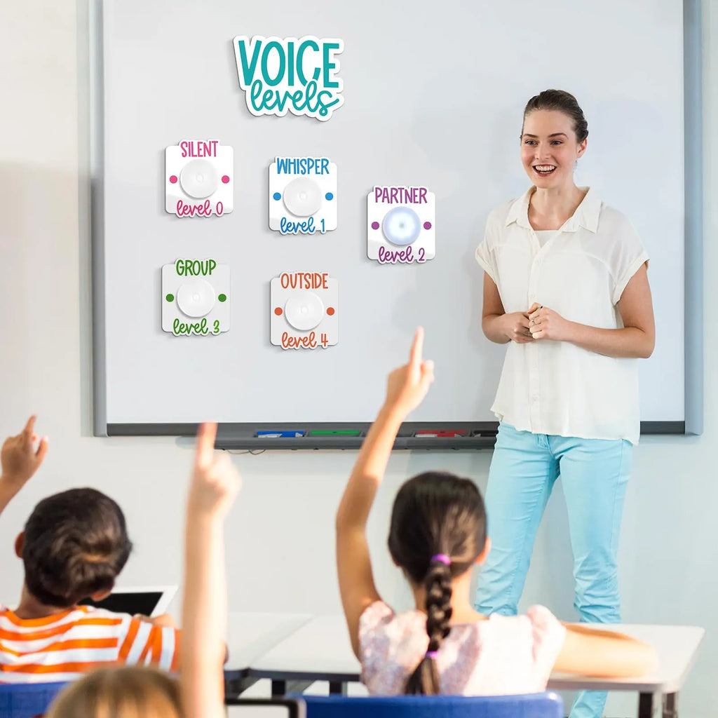 Voice Level Chart for Classroom with 5 Pack Magnetic Puck Lights Noise Level Chart Teacher Educational Management Supplies for Elementary School Preschool Music Class (Mordern,White)