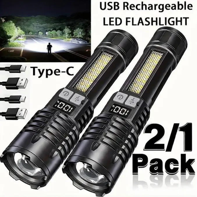 Rechargeable LED Flashlight with 5 Modes, Zoomable Beam & LCD Digital Display for Camping, Hiking, Fishing & Emergency Use