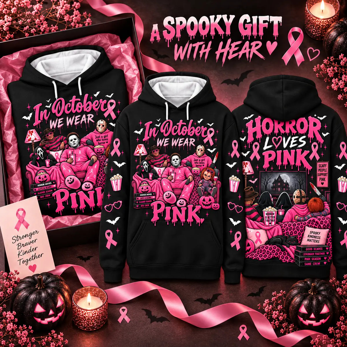 In October We Wear Pink Spooky Halloween Pink Ribbon Hoodie