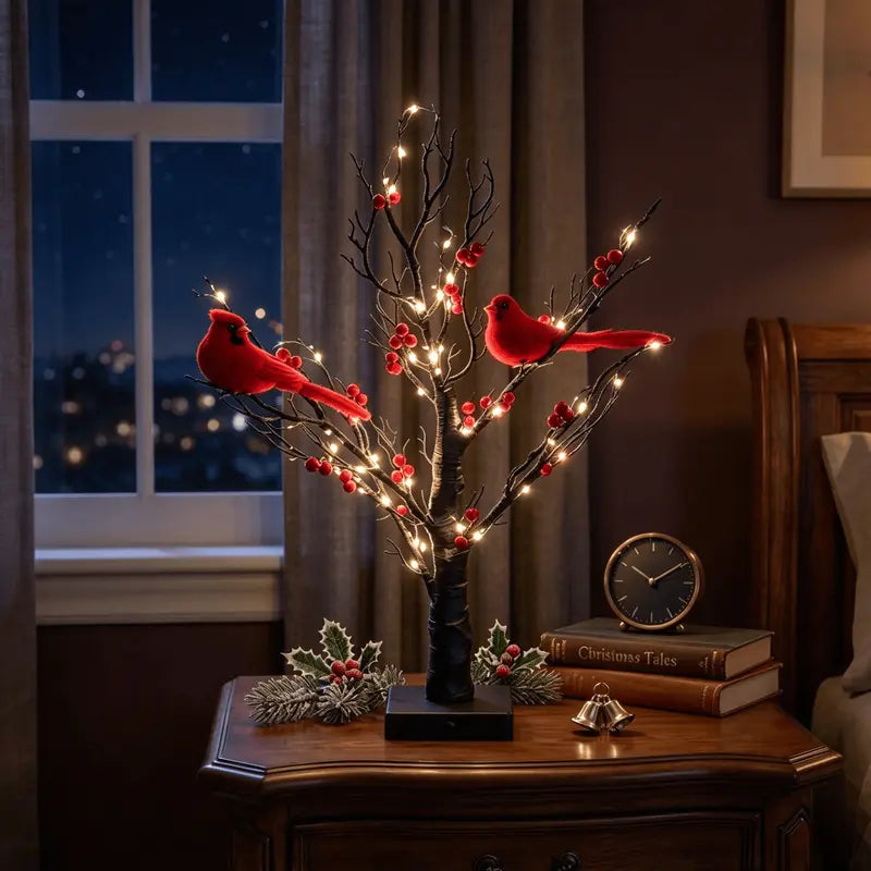 2-Piece 21-Inch LED Faux Raspberry Tree Lights with Bird Decorations