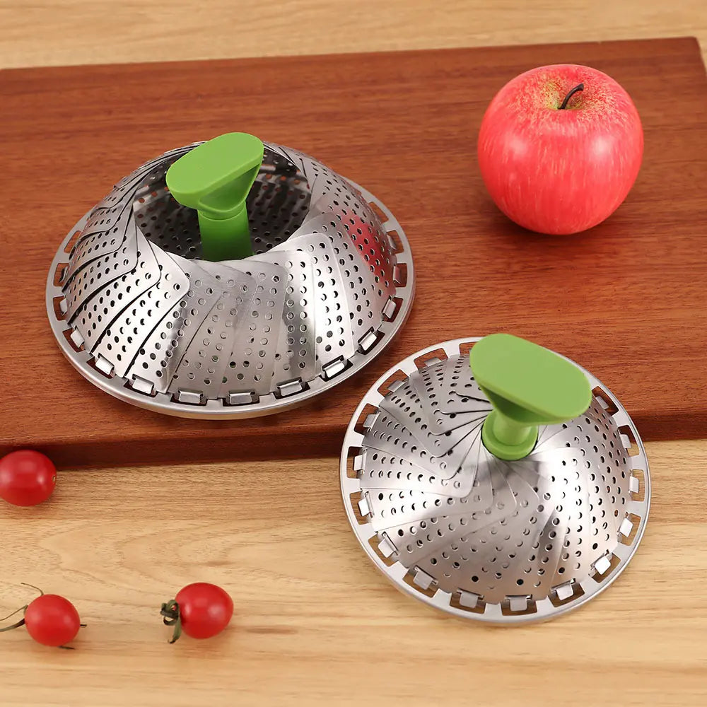 Expandable Stainless Steel Steamer Basket with Extendable Handle, Folding Insert for Various Pot Sizes