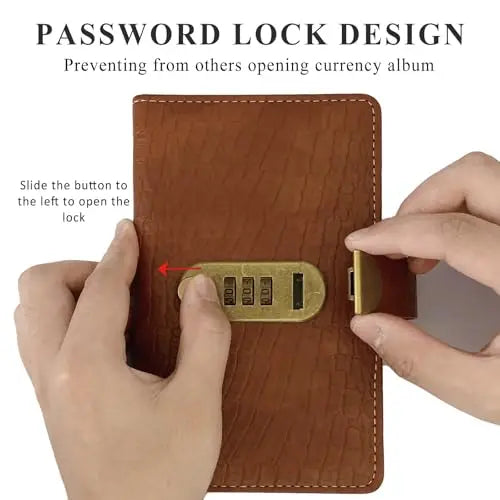100-Pocket Currency Collector Album with PU Leather Cover, Password Lock & Clear Sleeves for Banknote Storage