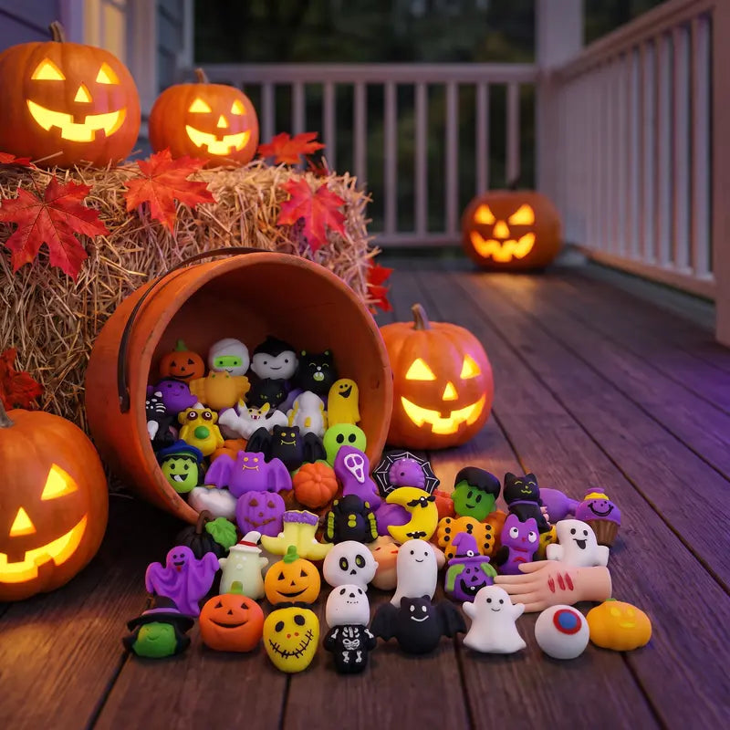 30/60/90-Pack Halloween Squishy Toys with Pumpkin, Ghost & Bat Shapes for Party Favors & Classroom Rewards