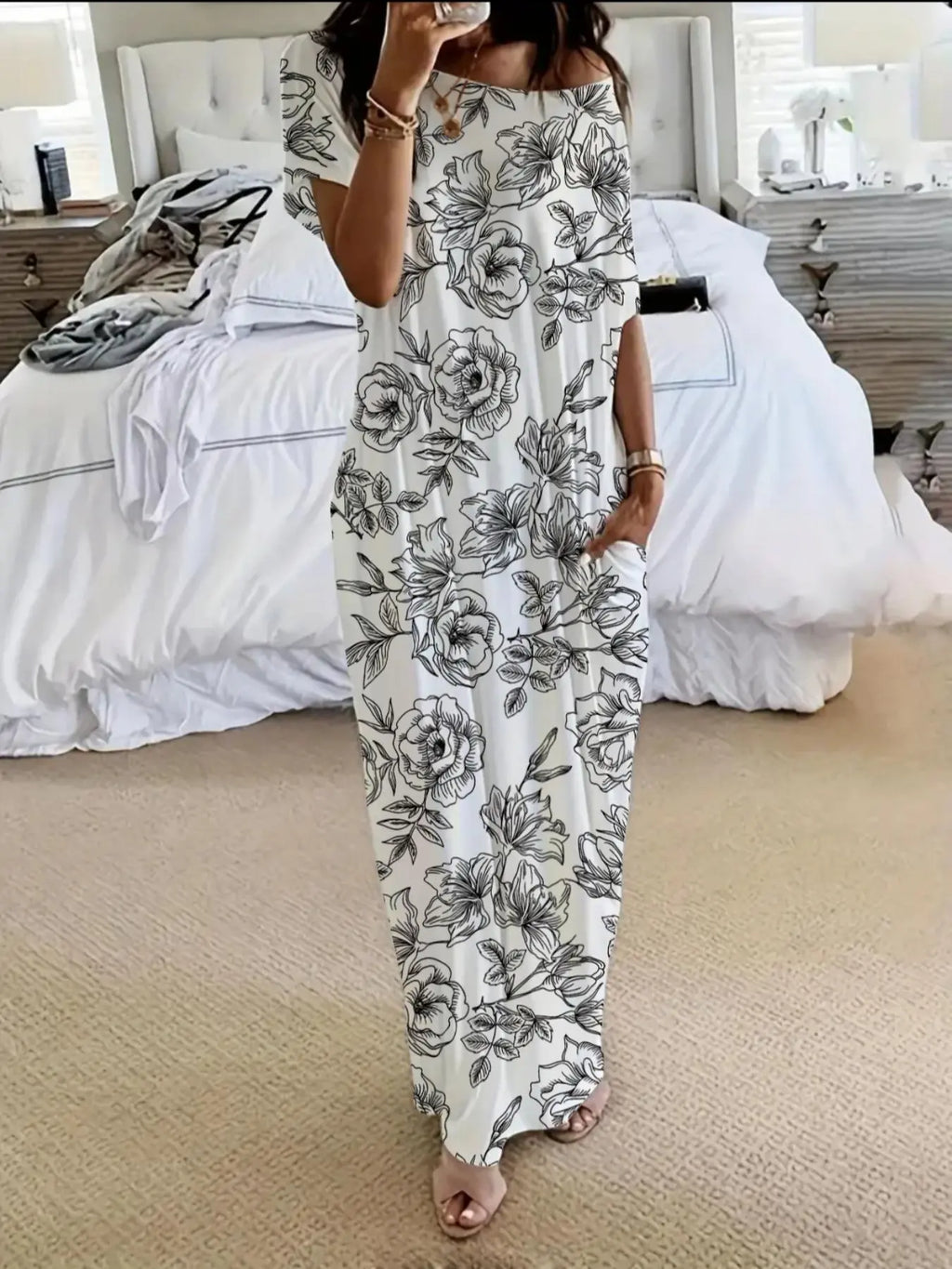 Women's Solid Color Batwing Sleeve Lounge Dress, Casual Short Sleeve Nightdress for Daily Wear & All Seasons Comfort