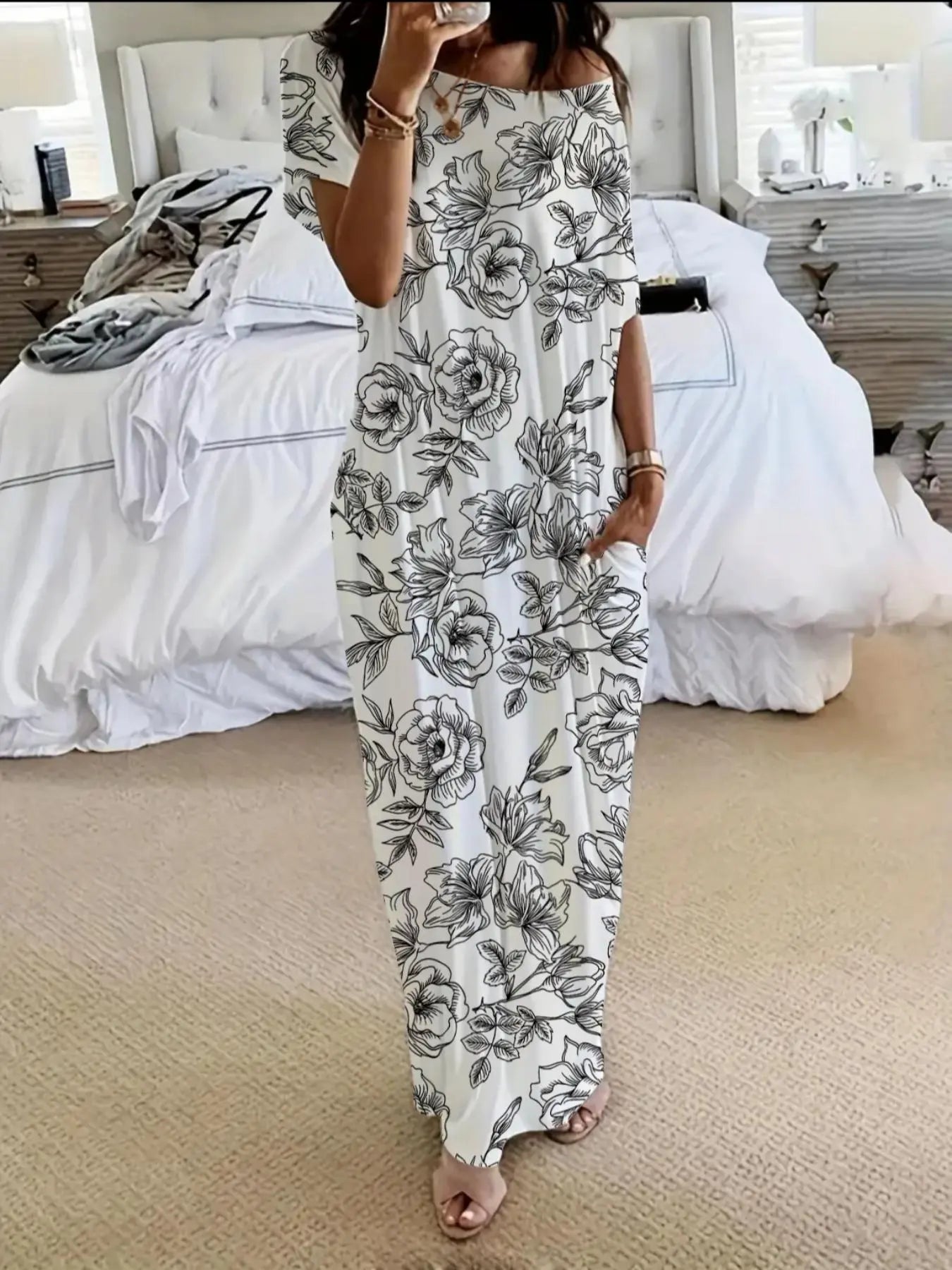 Women's Solid Color Batwing Sleeve Lounge Dress, Casual Short Sleeve Nightdress for Daily Wear & All Seasons Comfort