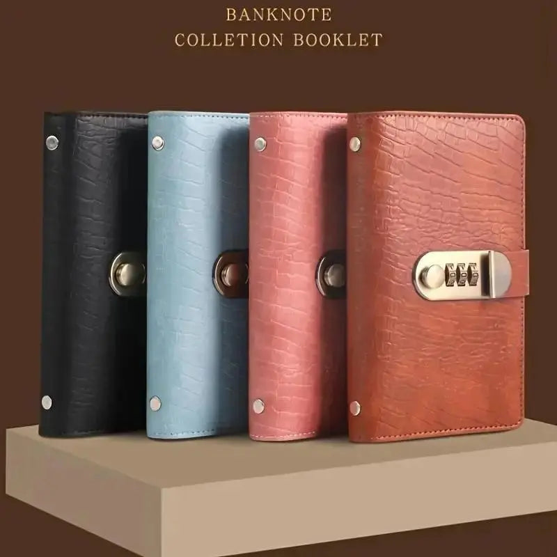 100-Pocket Currency Collector Album with PU Leather Cover, Password Lock & Clear Sleeves for Banknote Storage