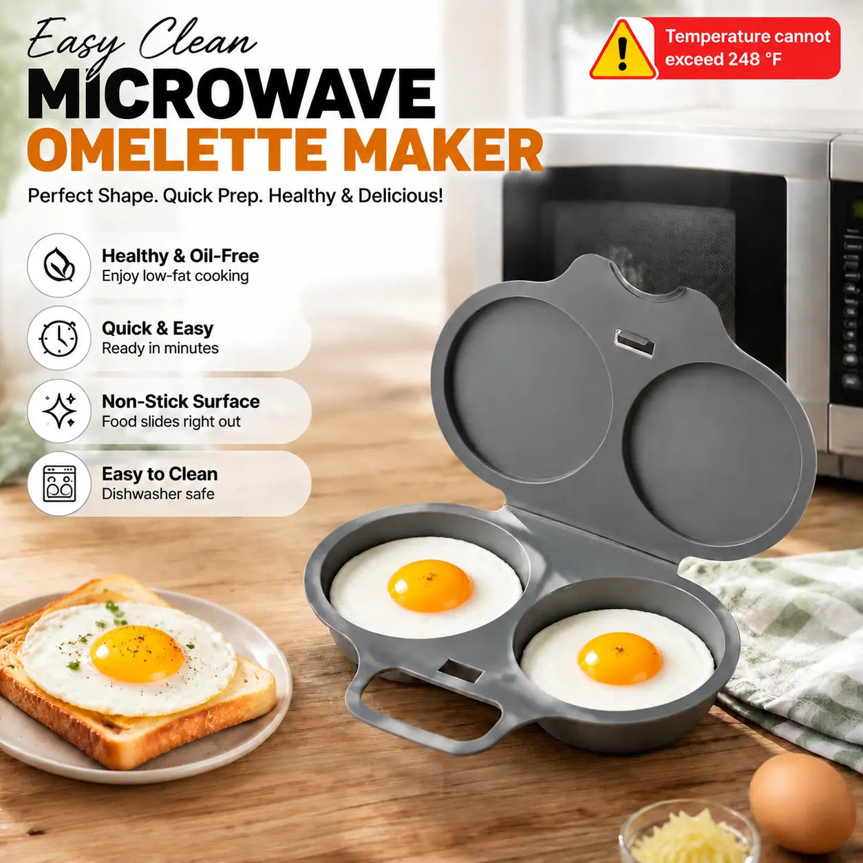 BPA-Free Microwave Omelette Maker, 2-Cup Non-Stick Egg Cooker for Quick Breakfasts & Easy Cleanup