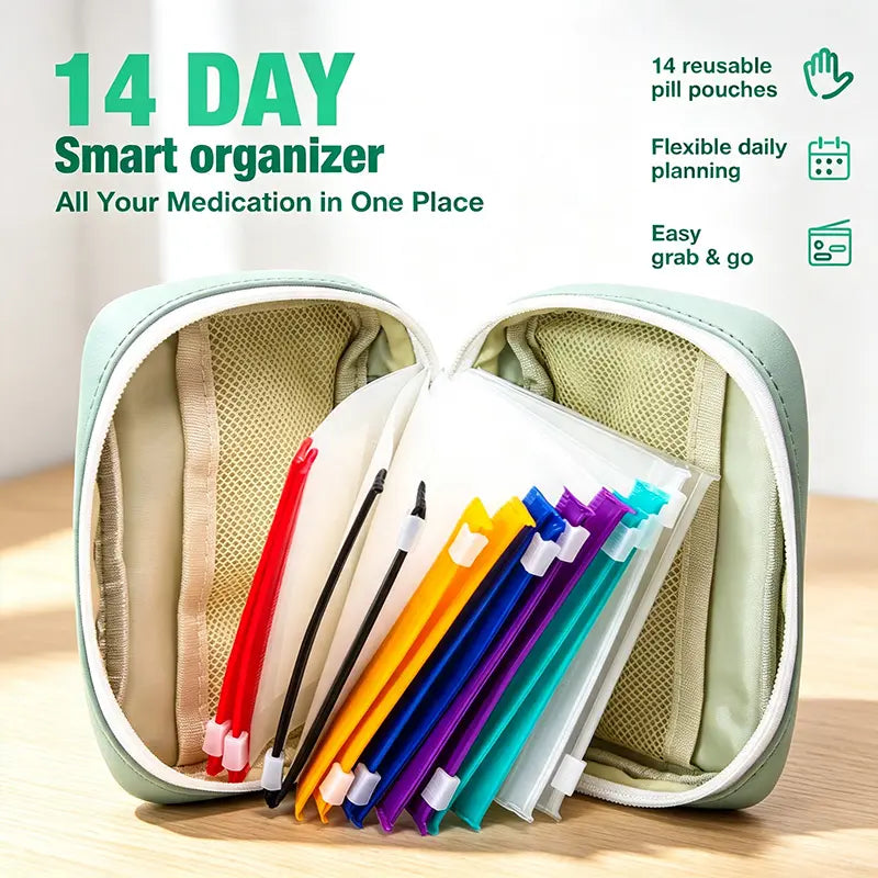 14-Piece Waterproof Pill Organizer Set with Zipper Pouches, Color-Coded Storage Bags for Vitamins, Supplements, Fish Oil & Travel Essentials