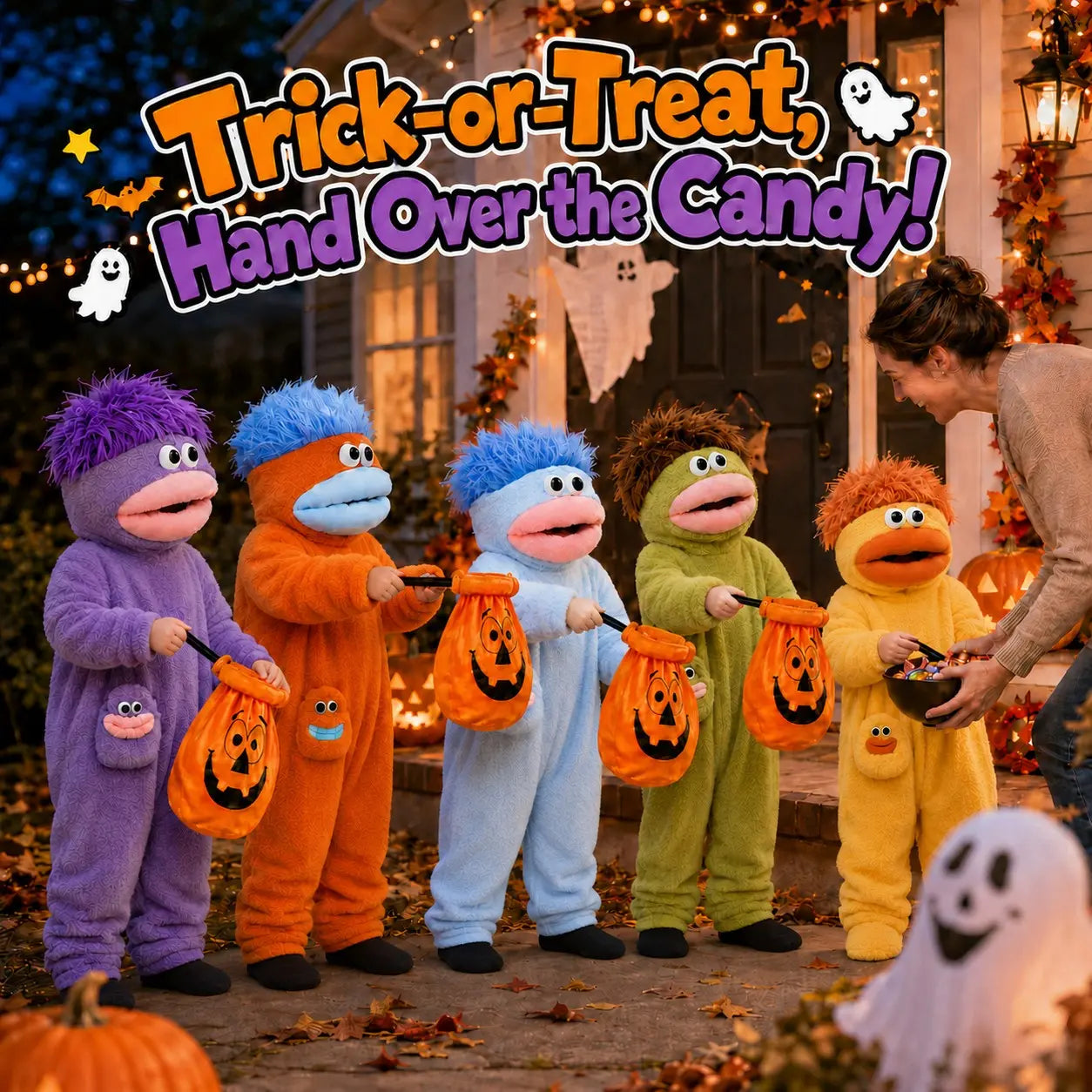 Kids’ Plush Monster Halloween Costume with Pumpkin Bag for Parties & Sleepwear