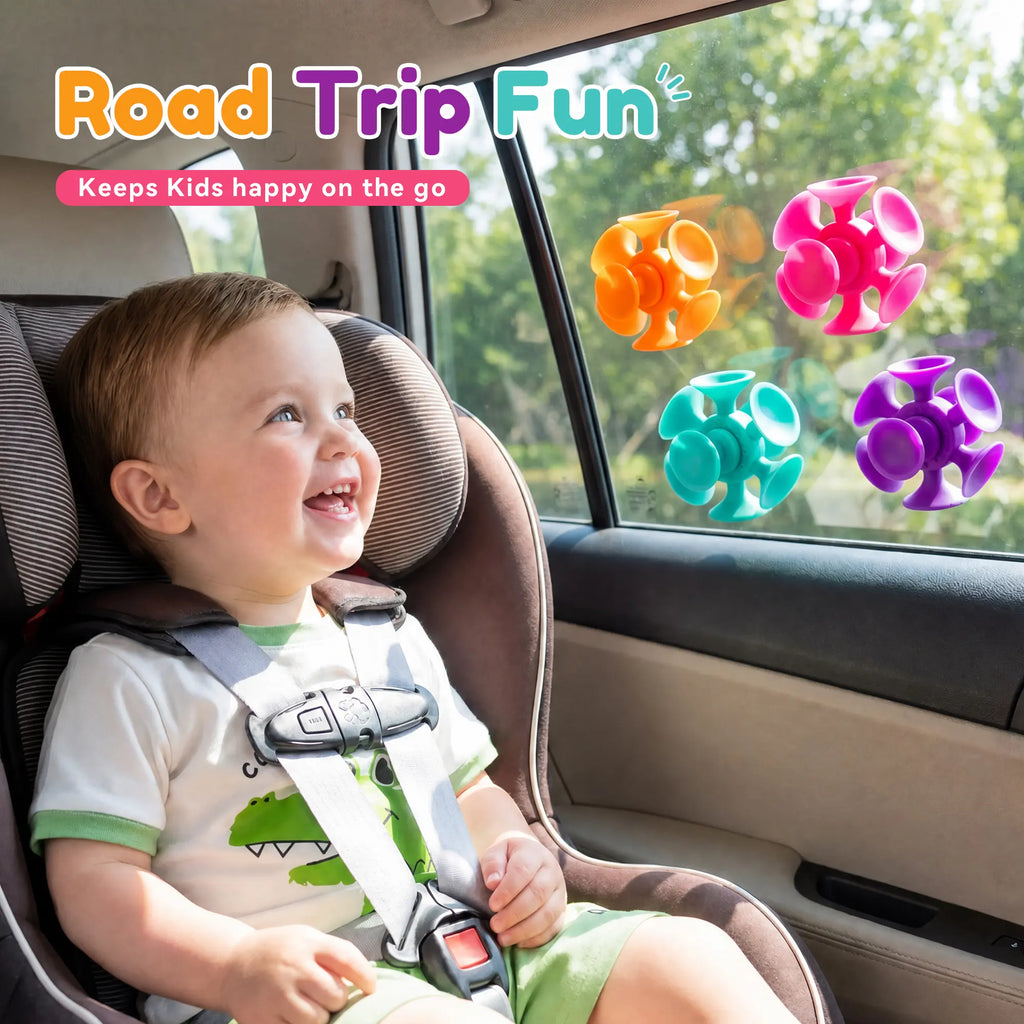 4-Pack Suction Cup Spinner Sensory Toys, Stick-and-Spin Fidget Toys for Toddlers, Travel, Bath & Desk Play