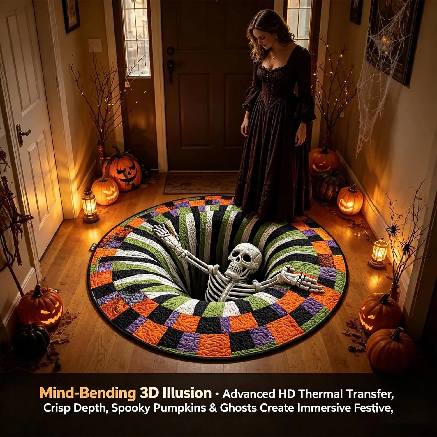 3D Skeleton Vortex Optical Illusion Round Rug, Soft Non-Slip Halloween Mat for Living Room & Indoor Decor