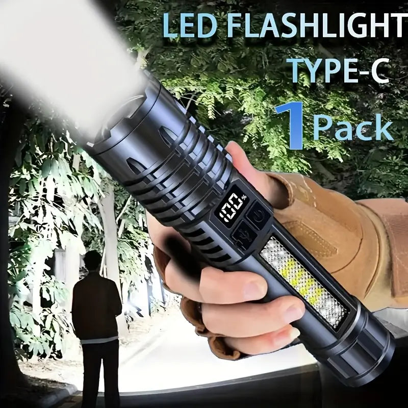 Rechargeable LED Flashlight with 5 Modes, Zoomable Beam & LCD Digital Display for Camping, Hiking, Fishing & Emergency Use
