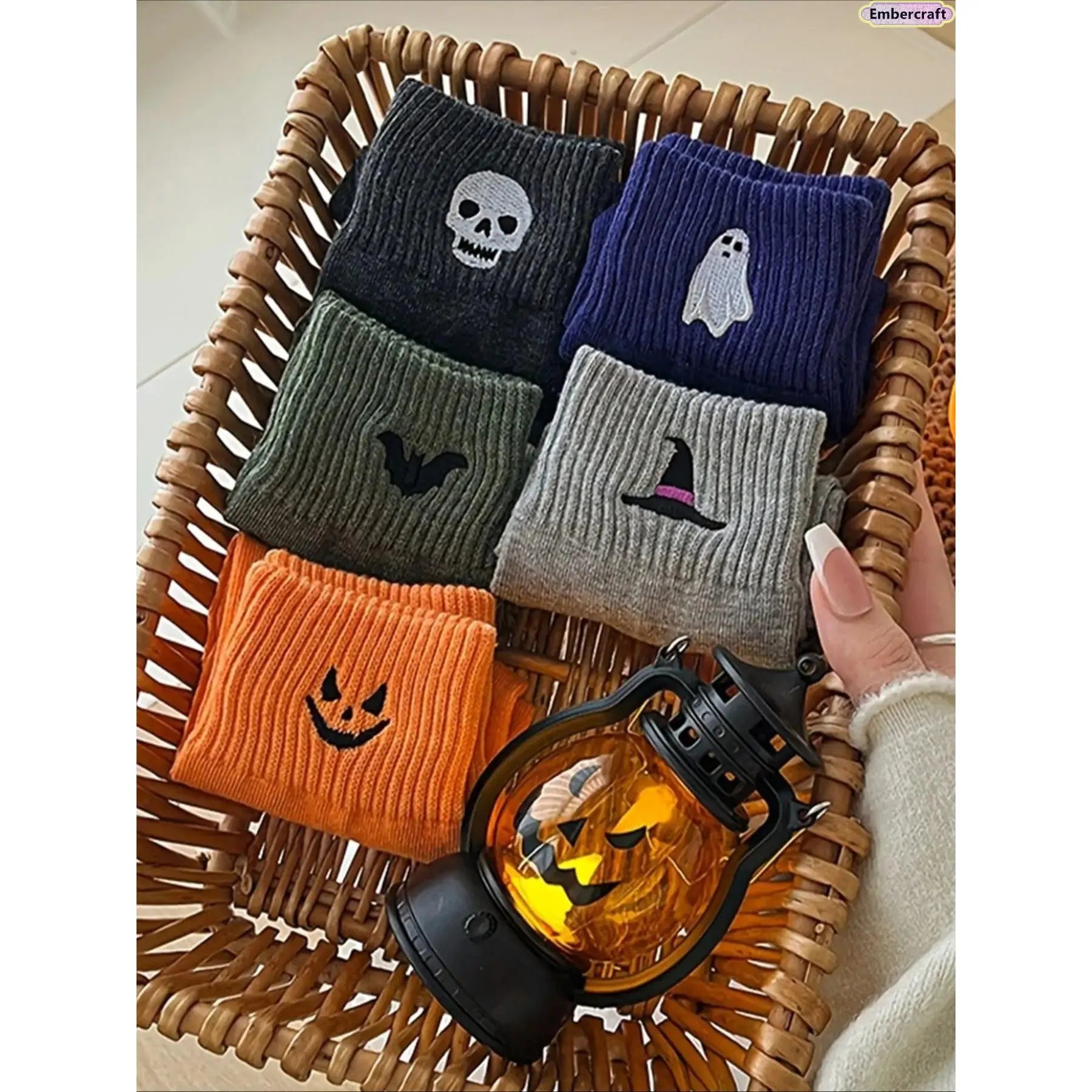 5-Pair Halloween Crew Socks Set, Cozy Mid-Calf Knit Socks with Pumpkin, Ghost & Bat Designs