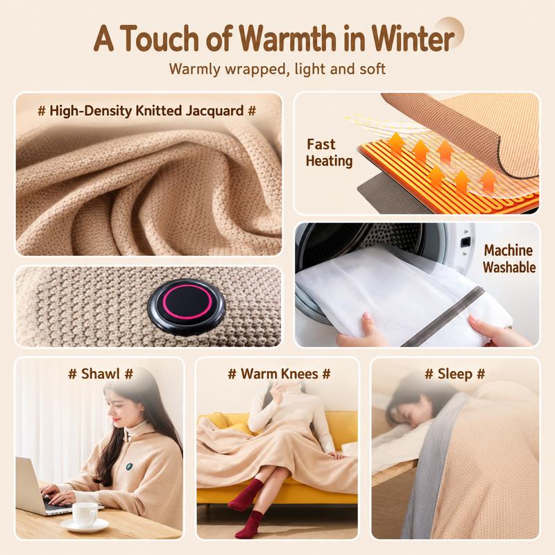 USB-Powered Heated Blanket Shawl with Adjustable Temperature Control