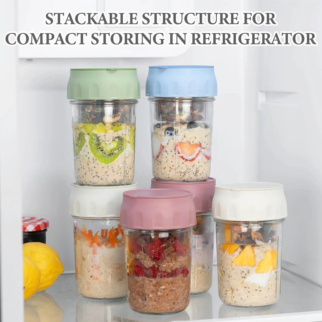 16oz Overnight Oats Containers with Folding Spoon & Divided Compartments, Portable Glass Jars for Oatmeal, Yogurt, Fruit & Meal Prep