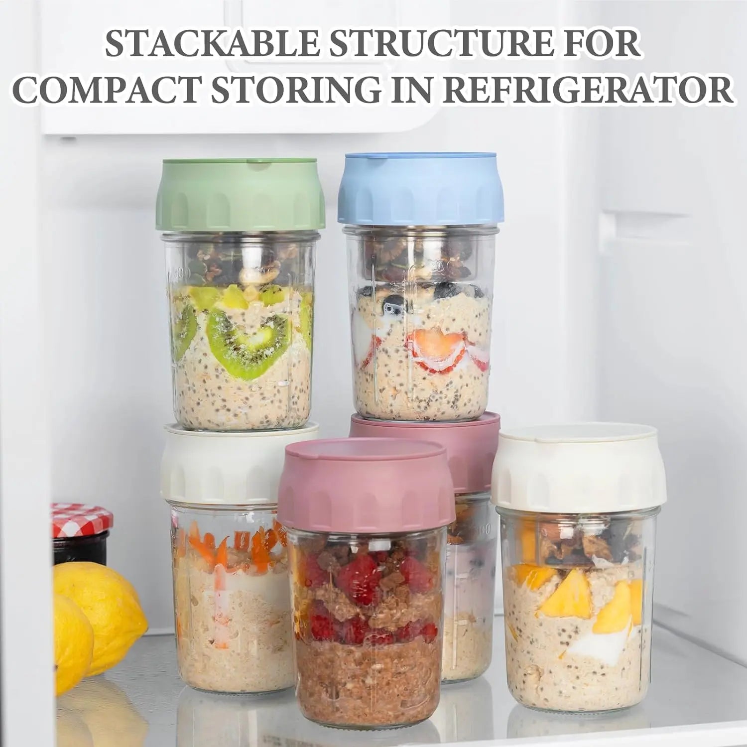 16oz Overnight Oats Containers with Folding Spoon & Divided Compartments, Portable Glass Jars for Oatmeal, Yogurt, Fruit & Meal Prep