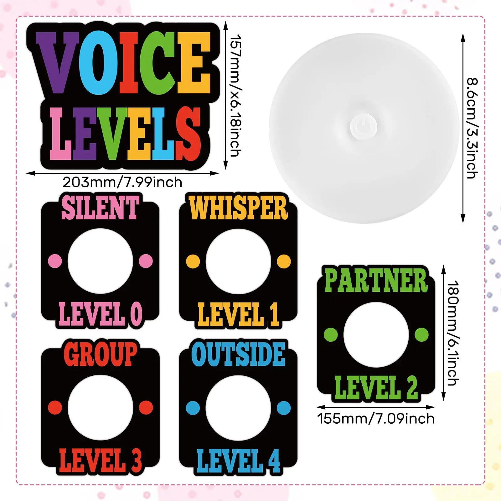 Voice Level Chart for Classroom with 5 Pack Magnetic Puck Lights Noise Level Chart Teacher Educational Management Supplies for Elementary School Preschool Music Class (Mordern,White)
