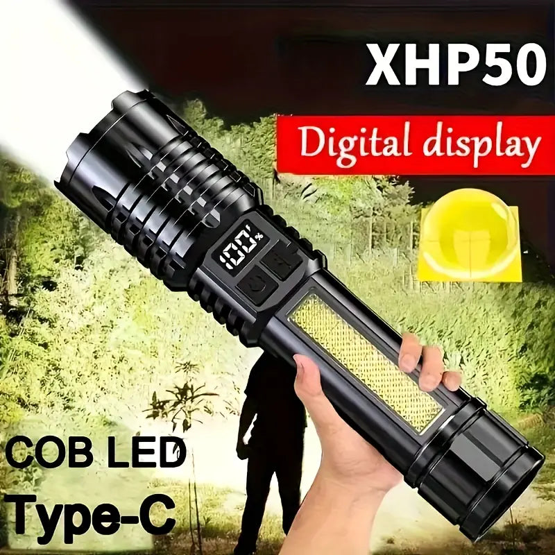 Rechargeable LED Flashlight with 5 Modes, Zoomable Beam & LCD Digital Display for Camping, Hiking, Fishing & Emergency Use