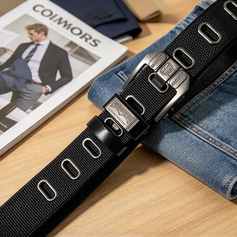 Unisex Eyelet-Free Adjustable Waist Belt with Square Alloy Buckle