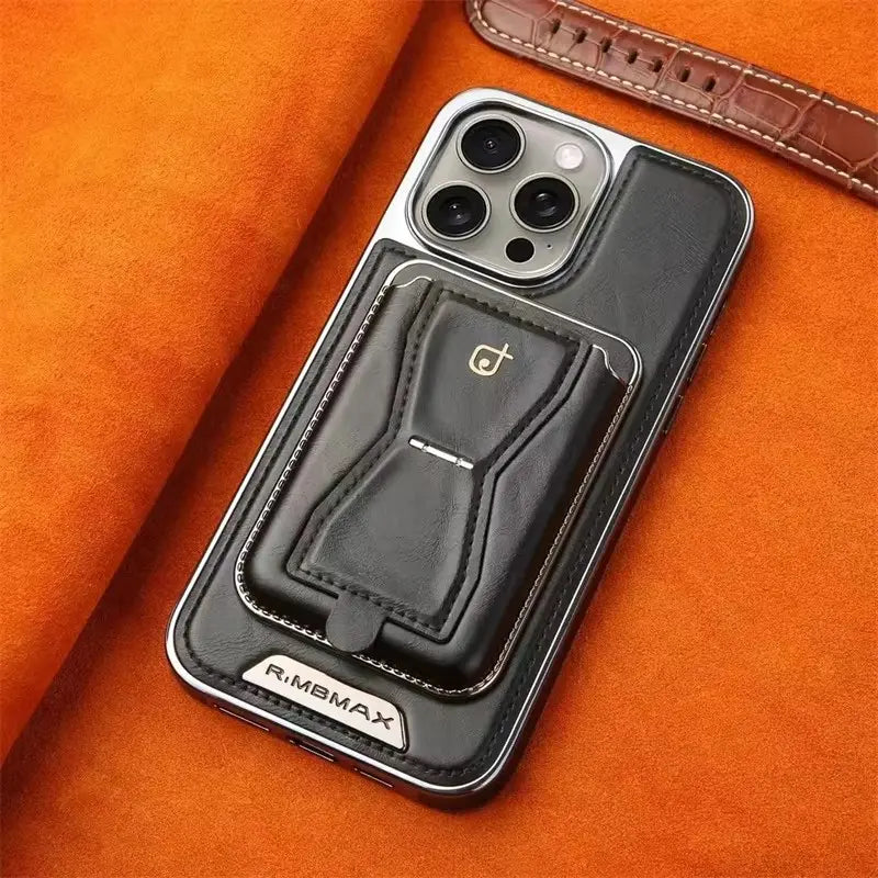 Premium Magnetic Leather Phone Case with 2-Card Wallet Holder & Foldable Kickstand for iPhone