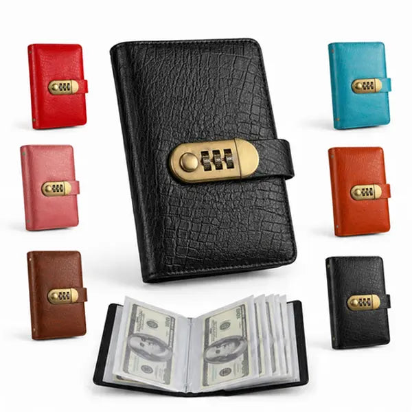 100-Pocket Currency Collector Album with PU Leather Cover, Password Lock & Clear Sleeves for Banknote Storage