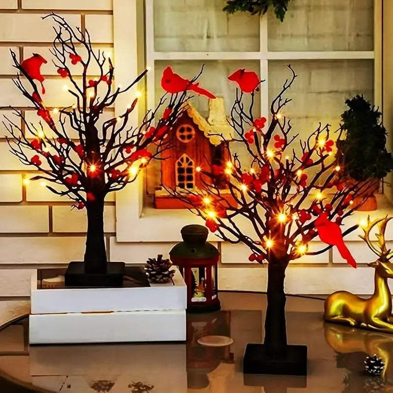 2-Piece 21-Inch LED Faux Raspberry Tree Lights with Bird Decorations