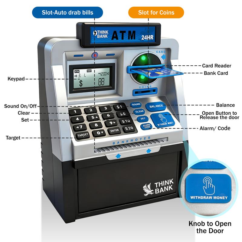 Kids ATM Piggy Bank with Password, Coin & Bill Savings Toy with Keypad & Cards for Birthday Gifts