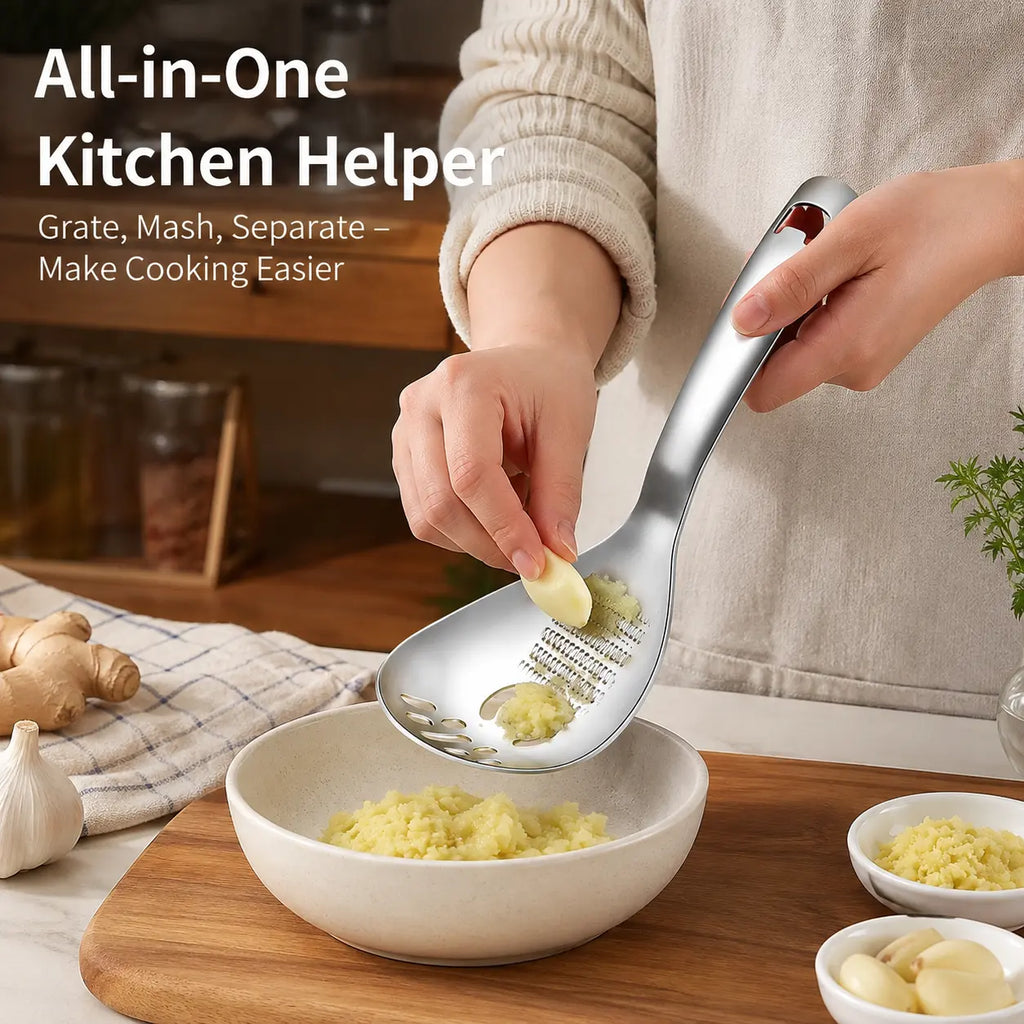1 Count 304 Stainless Steel Multifunctional Kitchen Spoon, Egg White Separator Ginger Garlic Grater Mud Masher for Home Daily Cooking