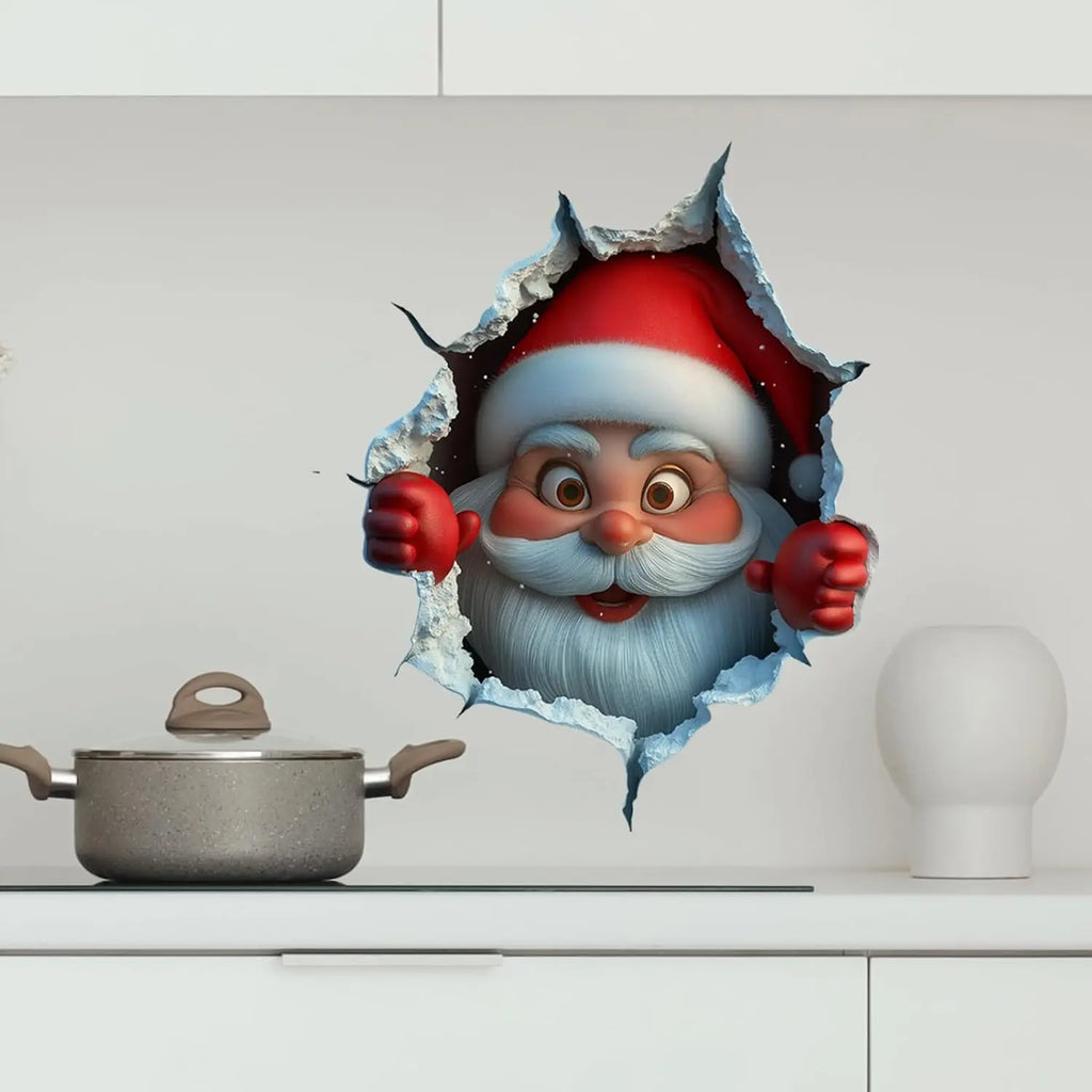 2-piece Santa face vinyl stickers, removable 3D-style Christmas decals for use in living rooms, bedrooms, and holiday decorations.