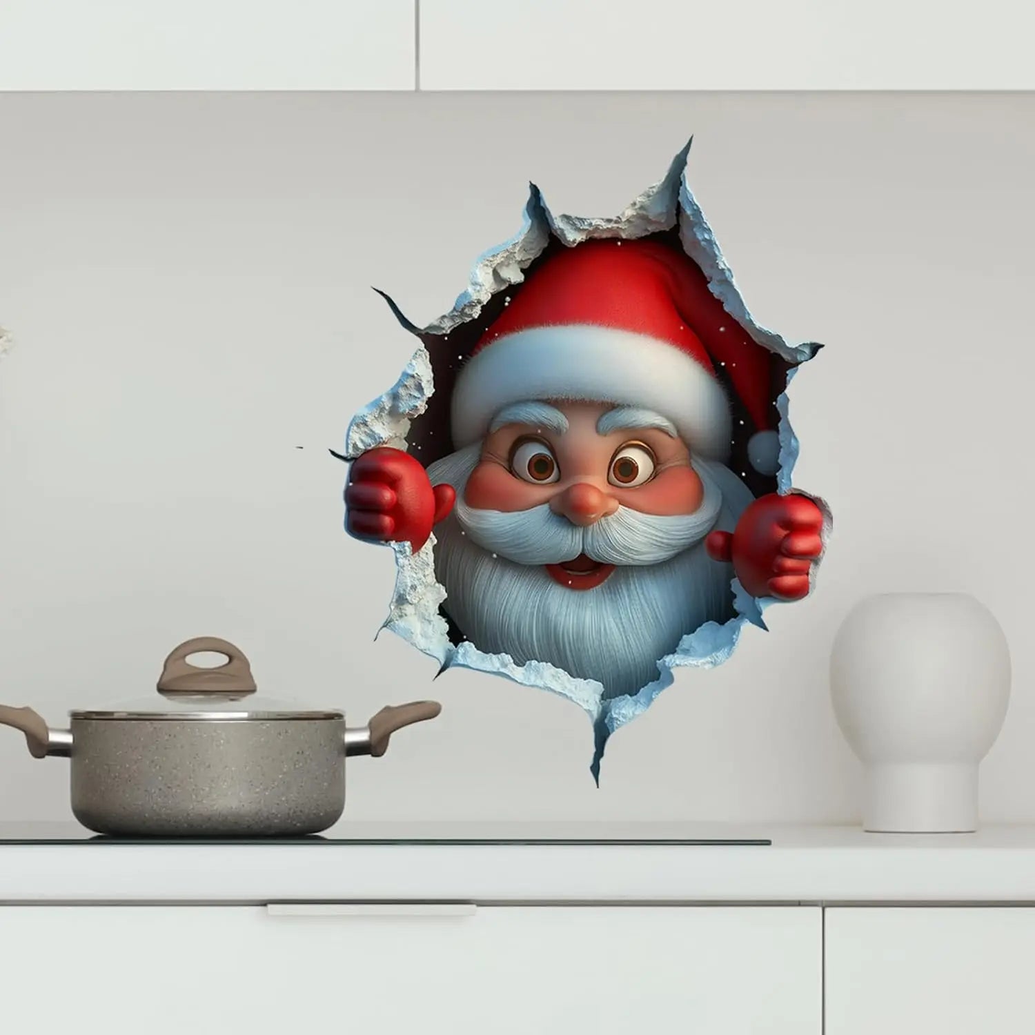 2-piece Santa face vinyl stickers, removable 3D-style Christmas decals for use in living rooms, bedrooms, and holiday decorations.