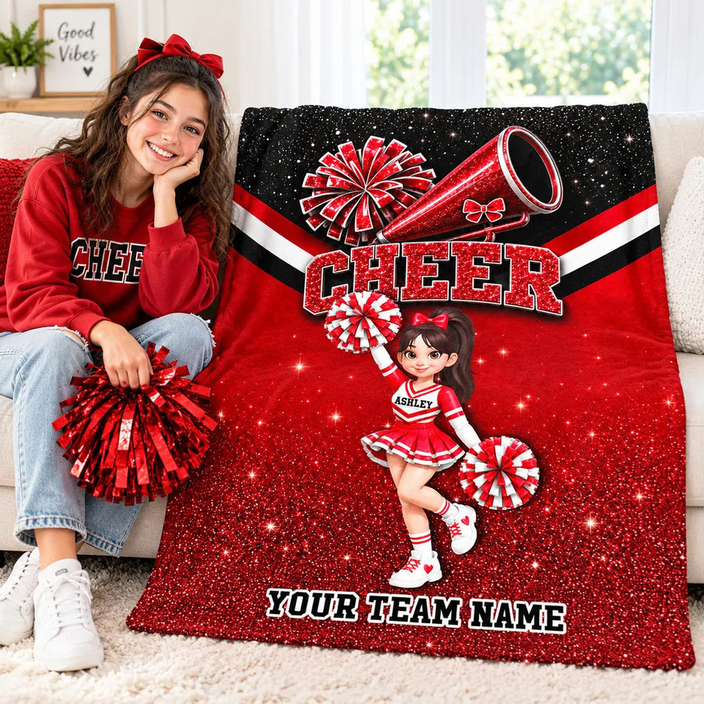 Personalized Fleece Blanket, Sparkling Pink Cartoon Cheerleader with Pom-Poms, Unique Gift for Daughter - 2