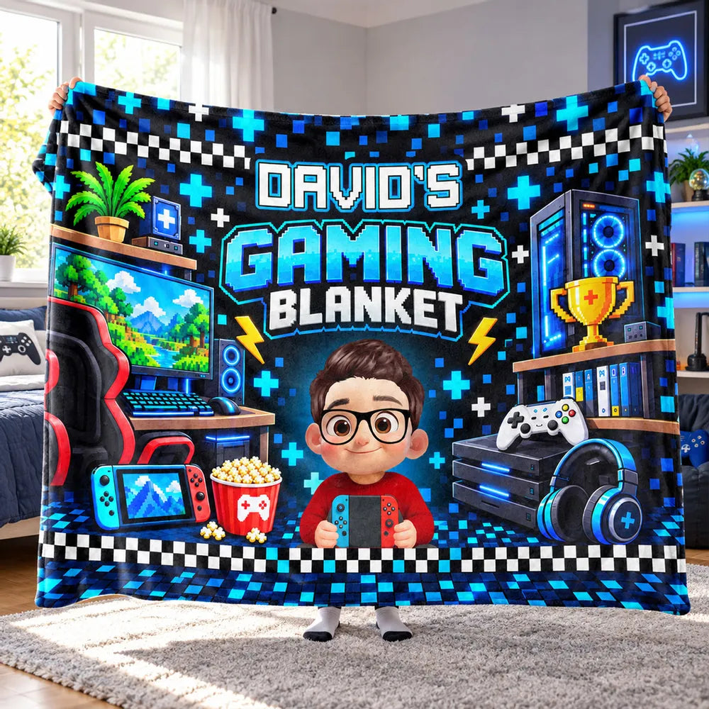Personalized Fleece Blanket with Cartoon Gamer Holding a Controller, Blue Pixel Art, Unique Gift for Son - 1