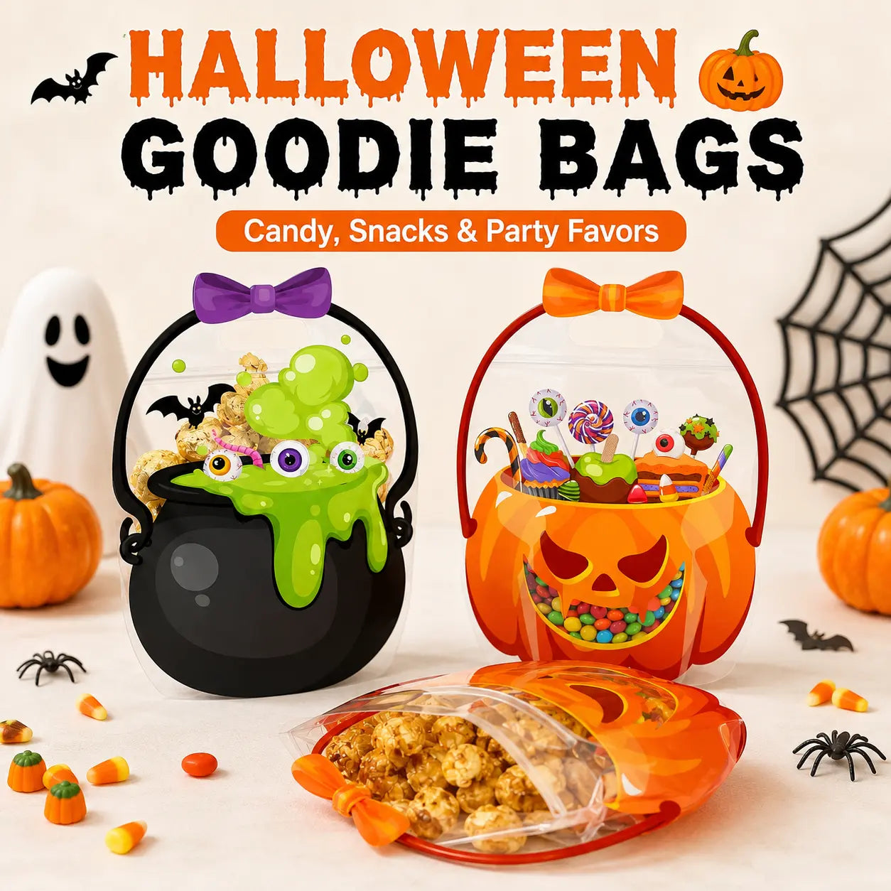 Halloween Plastic Goodie Bags with Pumpkin, Skull, Cat & Skeleton Designs for Candy, Classroom & Party Favors