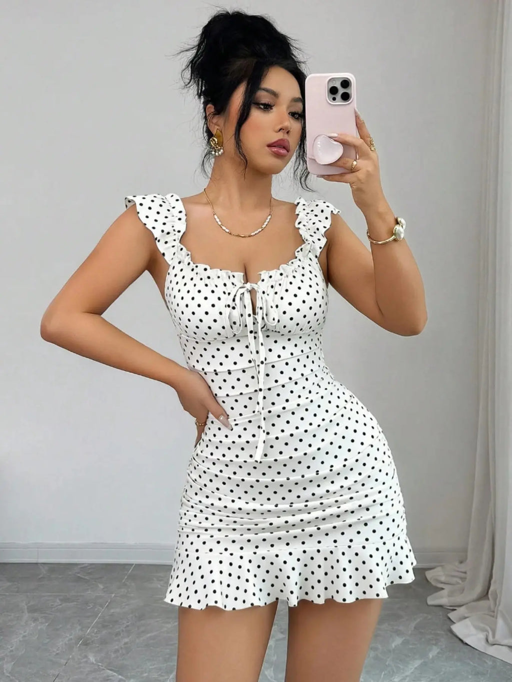 Women's Polka Dot Ruffle Dress, Lightweight Casual Midi Dress with Flowy Fit for Daily Wear, Vacations & Weekend Outings