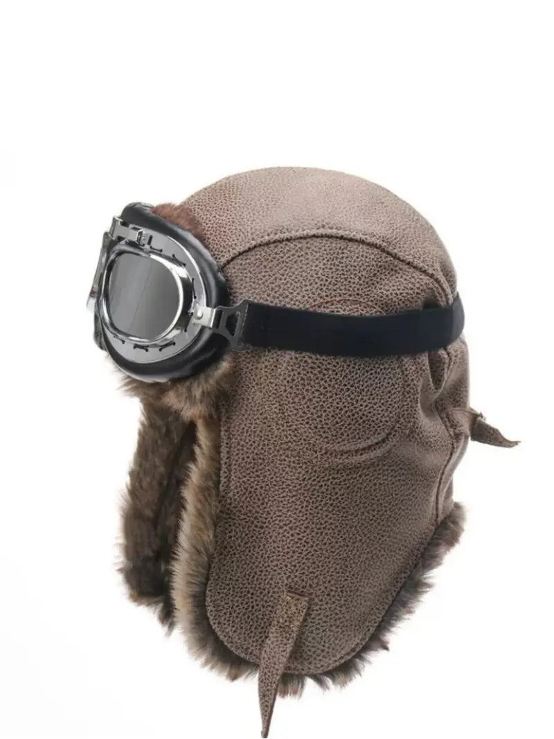 Camel Leather Aviator Hat & Goggles Set with Ear Coverage