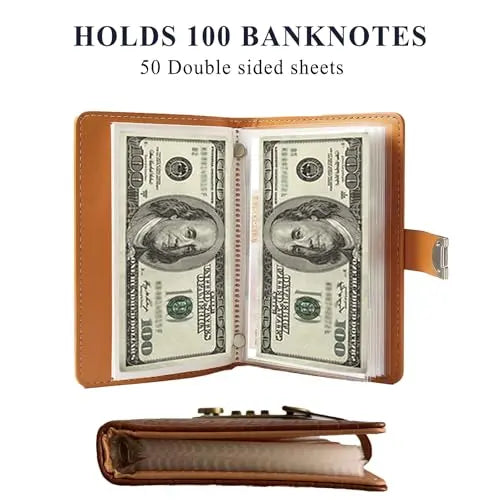 100-Pocket Currency Collector Album with PU Leather Cover, Password Lock & Clear Sleeves for Banknote Storage