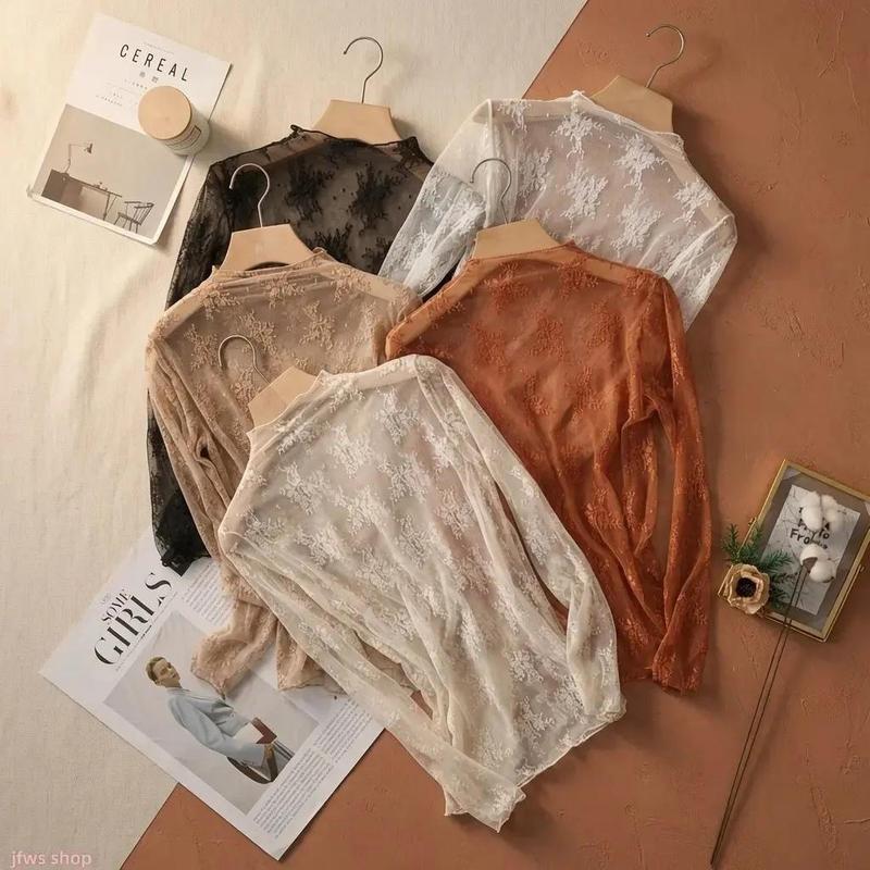 Women’s 3-Piece Floral Lace Mesh Long-Sleeve Layering Top Set
