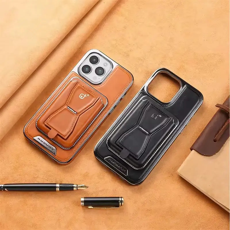 Premium Magnetic Leather Phone Case with 2-Card Wallet Holder & Foldable Kickstand for iPhone