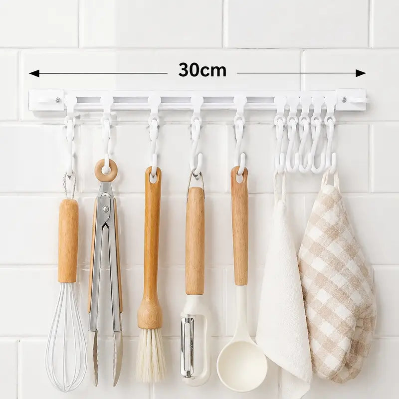 Adjustable 10-Hook Adhesive Slide Rail Wall Organizer, Hanging Storage Rack for Kitchen, Bathroom & Bedroom