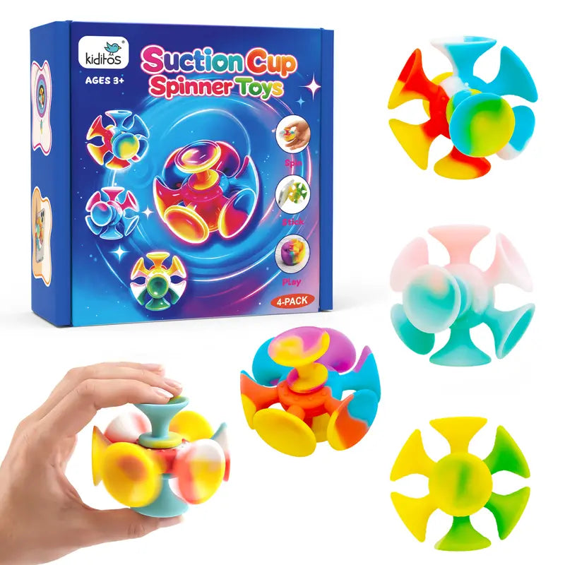 4-Pack Suction Cup Spinner Sensory Toys, Stick-and-Spin Fidget Toys for Toddlers, Travel, Bath & Desk Play