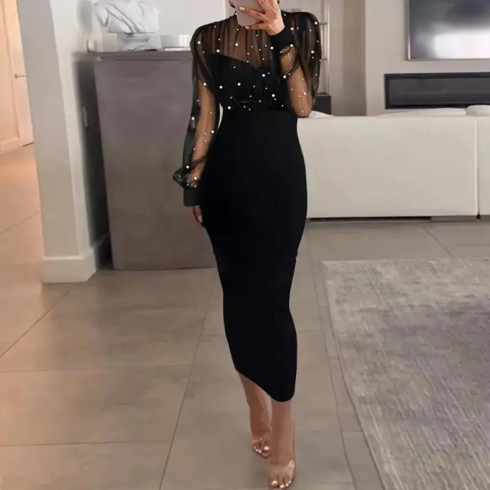 Women's 2026 Sheer Mesh-Veined Beadwork Longsleeve Bodycon Dress