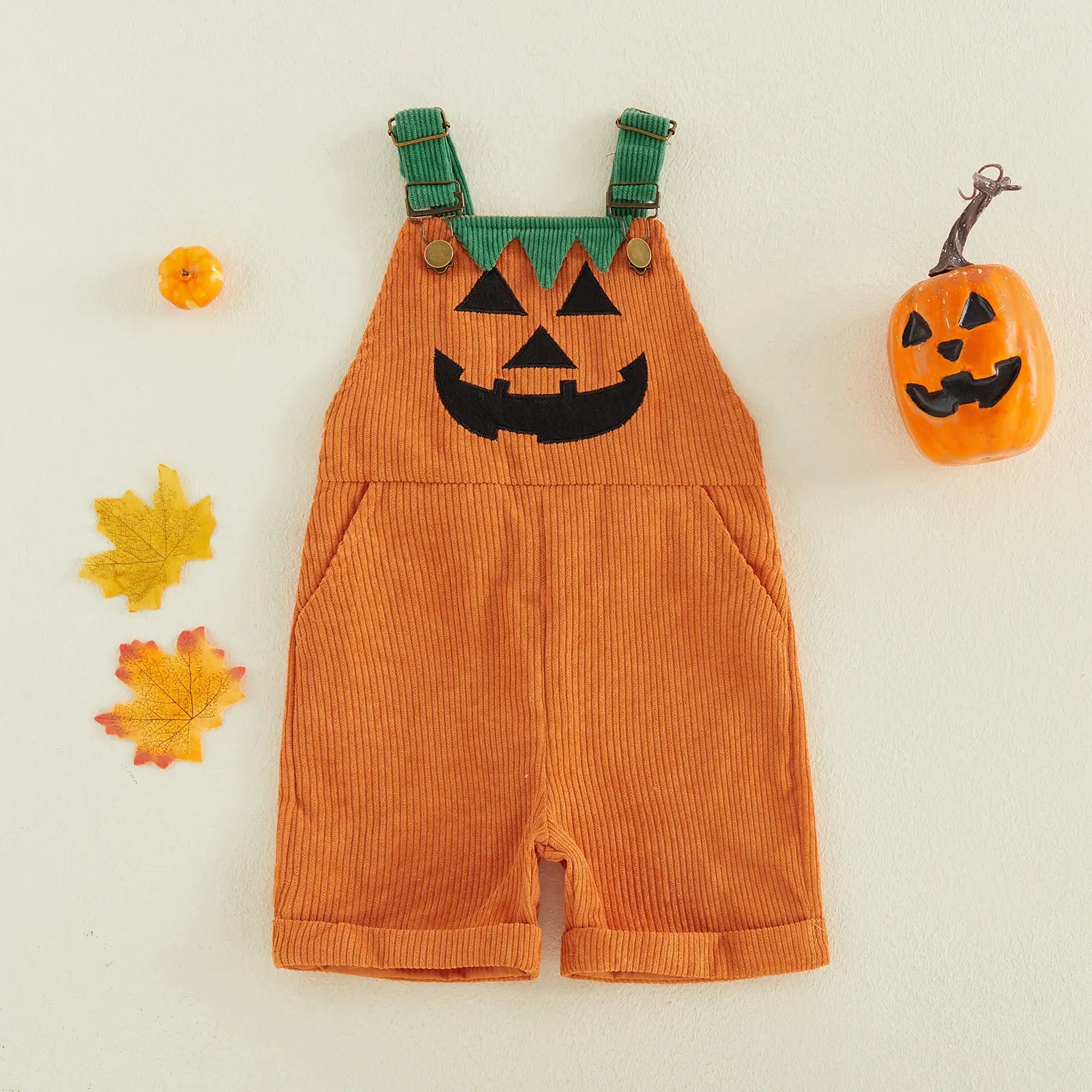 Toddler Baby Little Boy Girl Halloween Overalls with Pockets Ribbed Devil Face Pattern Sleeveless Jumpsuit 1-5 Years