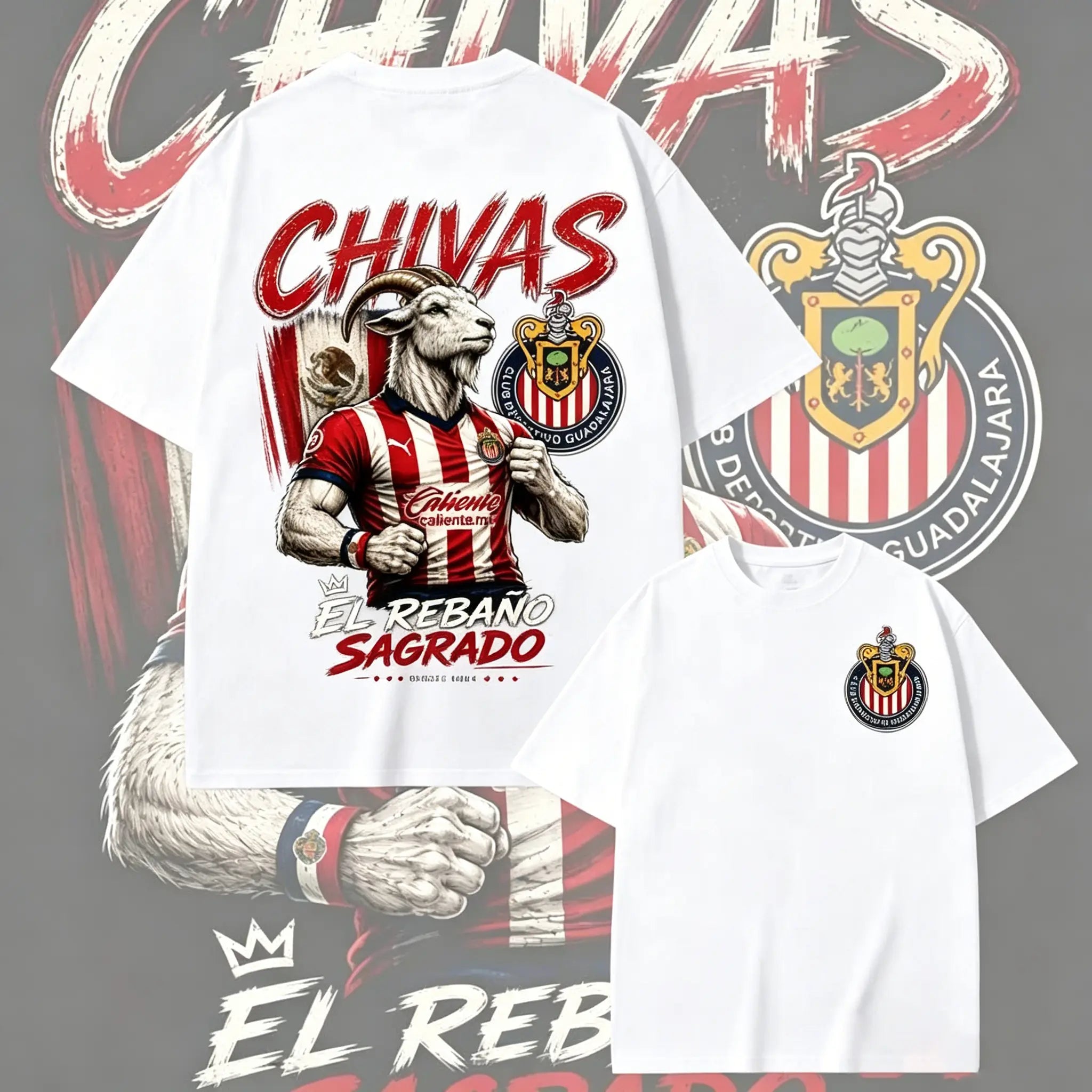 Men's Chivas Guadalajara Round Neck T-Shirt - Stylish Streetwear Sports Soccer Fashion, Casual Liga MX Fan Apparel with El Rebaño Sagrado Goat Graphic, Striped Short Sleeves, Graphic Print, Unisex, Standard Sizes, Shortsleeve, Tshirt, Casual Fit, Football